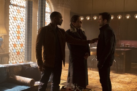 (L-R): Falcon/Sam Wilson (Anthony Mackie), Zemo (Daniel Bruhl) and Winter Soldier/Bucky Barnes (Sebastian Stan) in Marvel Studios' THE FALCON AND THE WINTER SOLDIER episode four