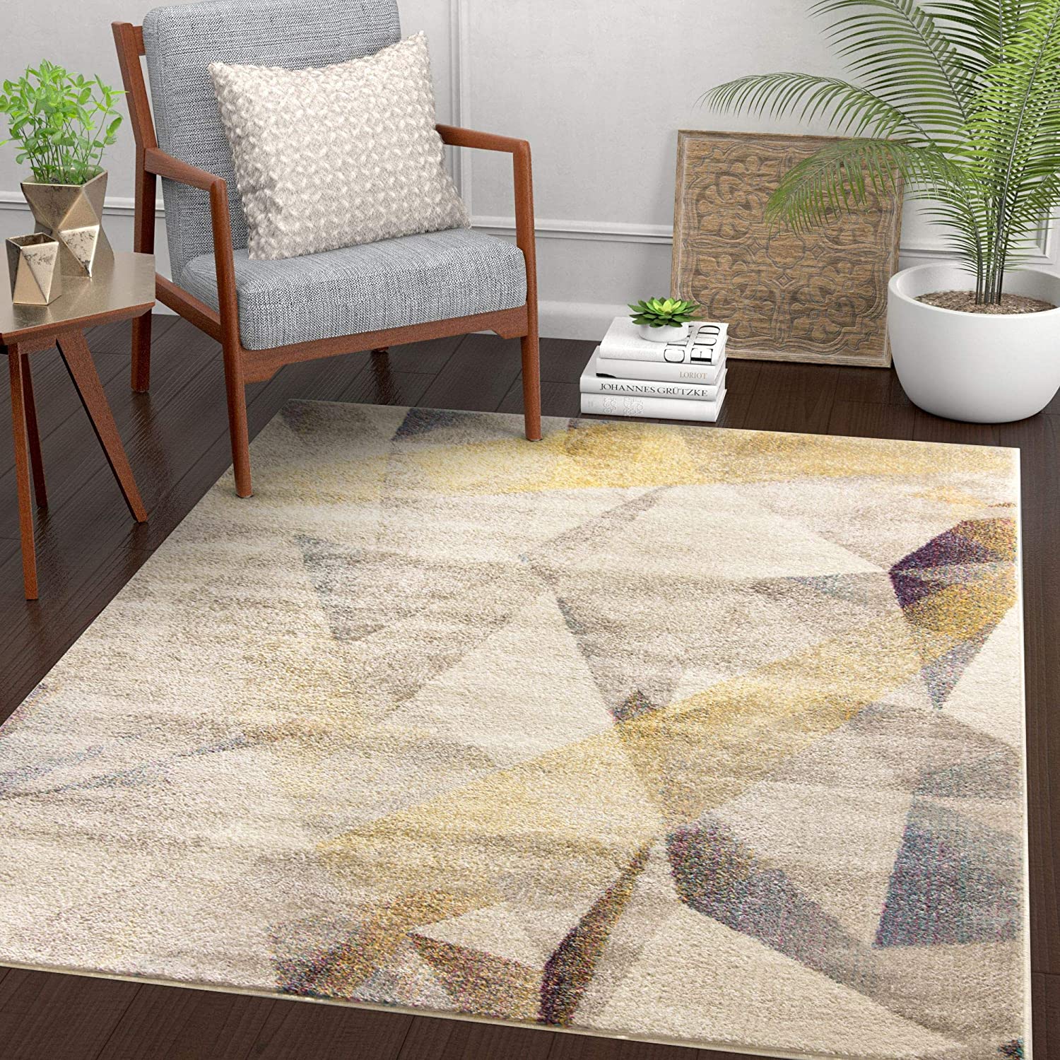 Well Woven Barra Dusty Beige Yellow Multi-Color Modern Geometric Triangle Pattern Abstract 3x5 (3'3" x 4'7") Area Rug Contemporary Thick Soft Plush