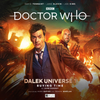 the cover for "Buying Time"- the Tenth Doctor stands in the foreground with Mark Seven and an exploding ship behind him