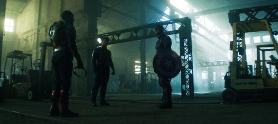 (L-R): Falcon/Sam Wilson (Anthony Mackie), Winter Soldier/Bucky Barnes (Sebastian Stan), and John Walker (Wyatt Russel) in THE FALCON AND THE WINTER SOLDIER episode five