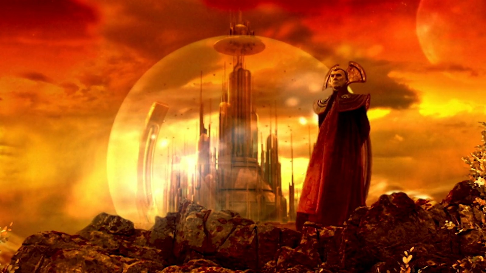 A picture of Gallifrey's Capitol city with an unnamed Time Lord figure standing outside