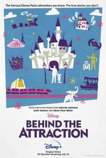 "Behind the Attraction" key art poster featuring illustrations in a paper-cut-out fashion of rides like the Disneyland train, Space Mountain, and more 