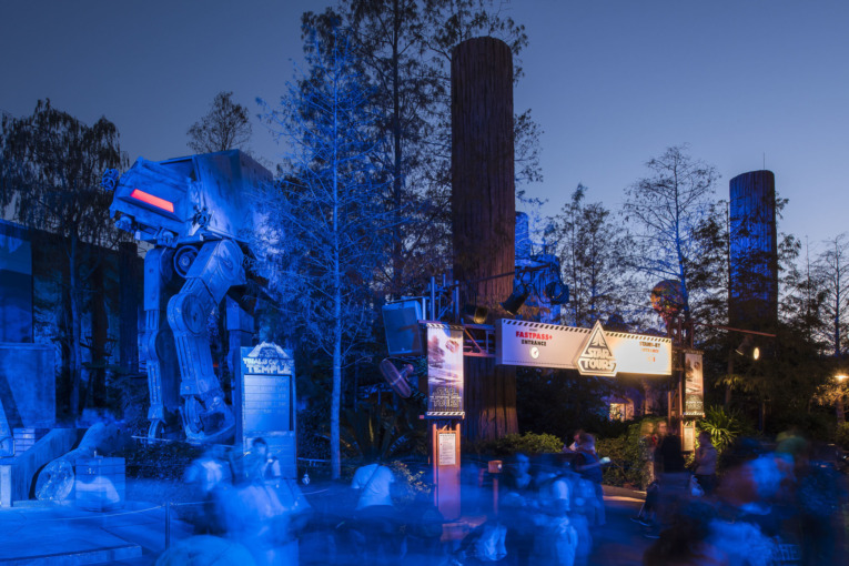 A picture of the entrance to Star Tours at Disney's Hollywood Studios at night