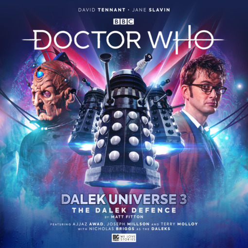 The cover for "The Dalek Defence" featuring Davros, a Dalek, and the Tenth Doctor