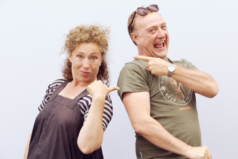 Alex Kingston (River Song) poses with Tim Treloar (the Third Doctor)