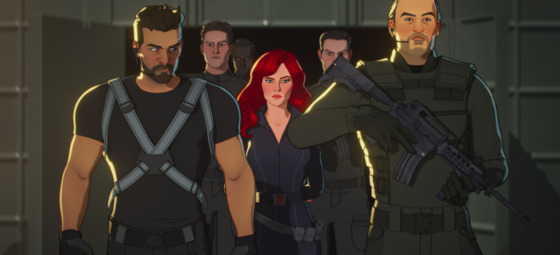 (Far left): Brock Rumlow and (center) Black Widow/Natasha Romanoff in Marvel Studios' WHAT IF…? exclusively on Disney+.