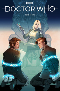 Doctor Who: Empire of the Wolf comic book cover with the 8th, 11th doctors and bad wolf empress on a throne