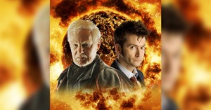 artwork featuring Sir Derek Jacobi as the War Master and David Tennant as the Tenth Doctor