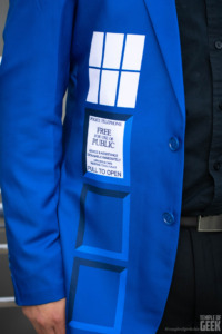 A closeup of police box details on a Doctor Who TARDIS suit from Fun.com.