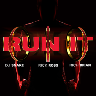 Silhouette of Shang-Chi with song title Run It with 3 Rings and recording artists DJ Snake, Rick Ross, and Rich Brian