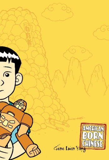 American Born Chinese Graphic Novel Cover with Comic drawn boy holding an action figure with the book title on the right side and background with mountains in the background