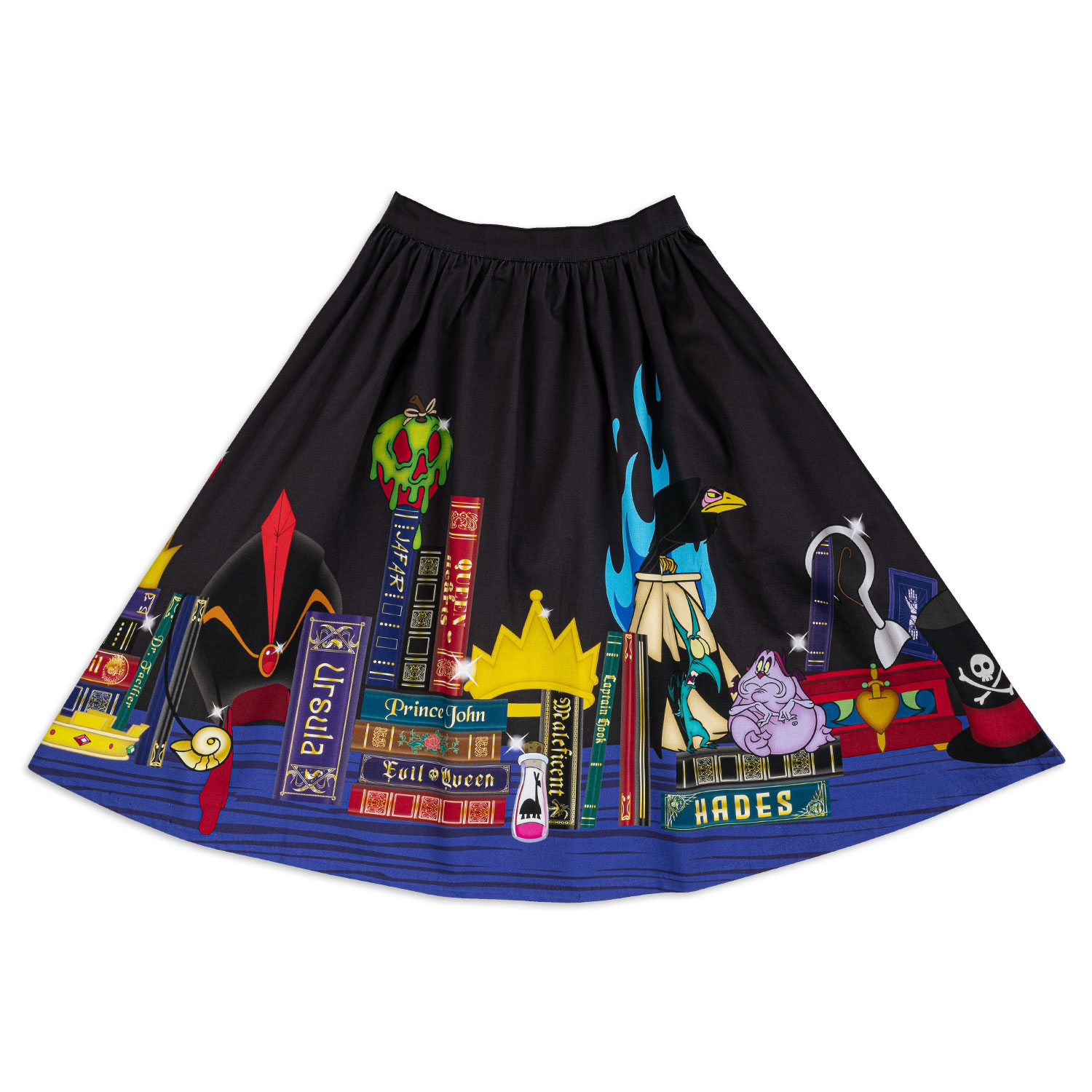 A Disney Villains Books themed design on a skirt from Stitch Shoppe by Loungefly.