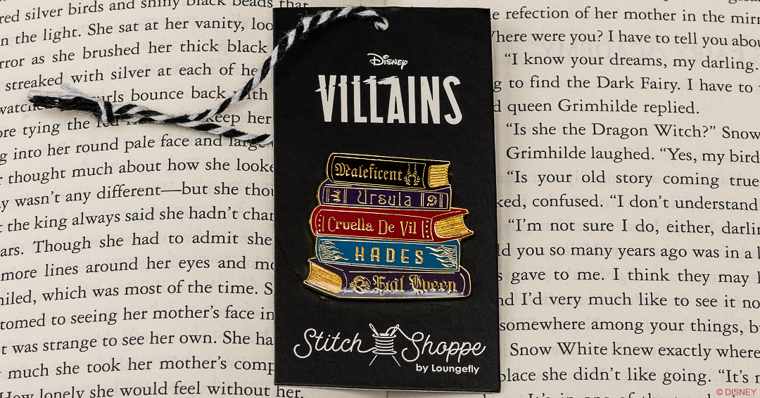 A Disney Villains Books pin design from Stitch Shoppe by Loungefly.