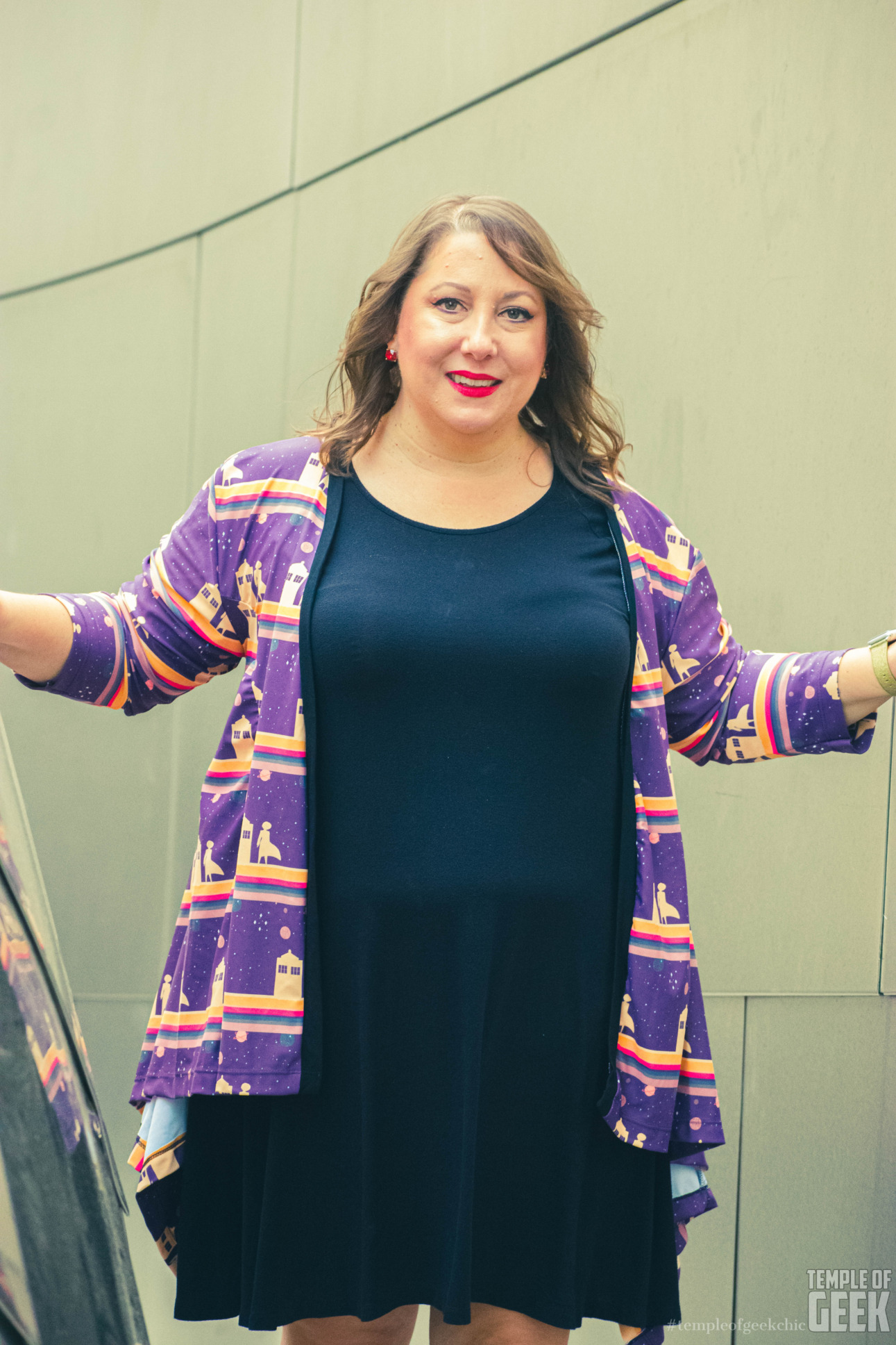 A model wears a Doctor Who cardigan from Heroicouture at Walt Disney Concert Hall.