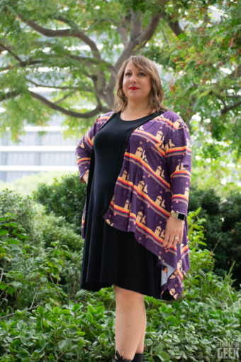 A model wears a Doctor Who cardigan from Heroicouture at the Walt Disney Concert Hall.