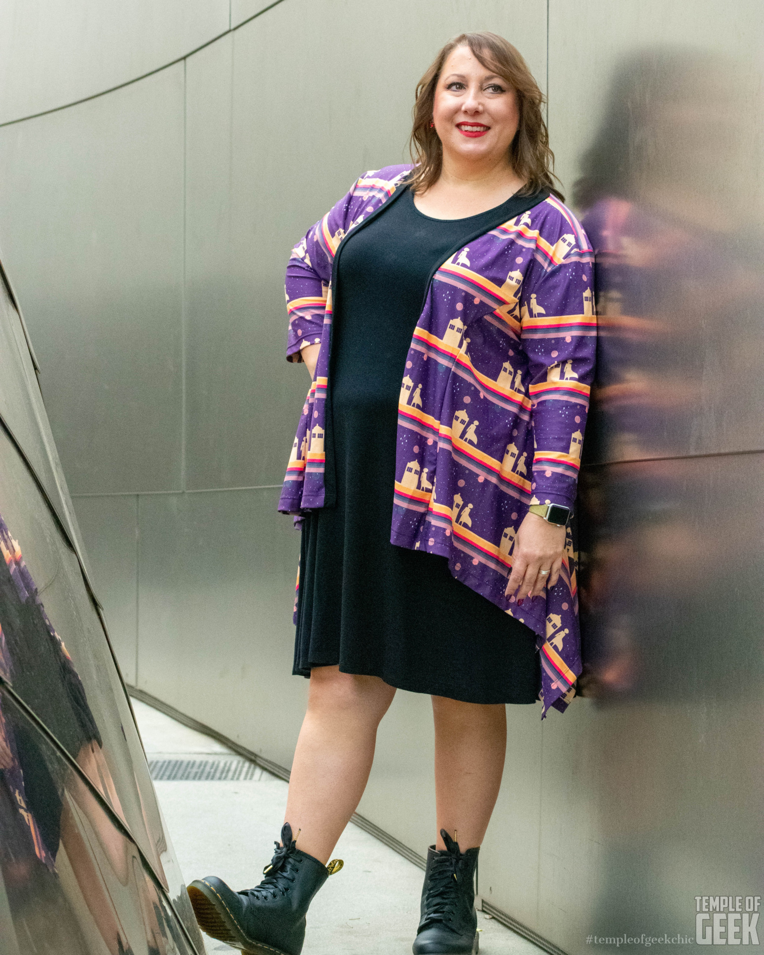 A model wears a Doctor Who cardigan from Heroicouture at the Walt Disney Concert Hall.