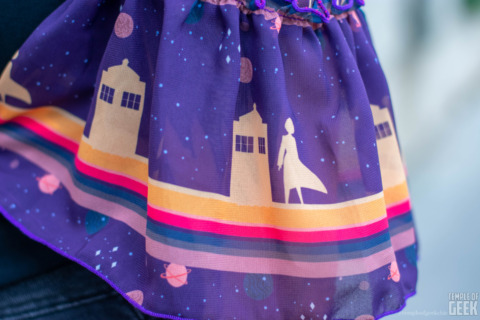 A closeup of a Doctor Who print on a sleeve from Heroicouture. 