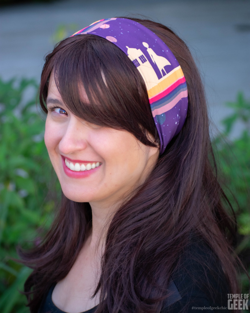 Closeup of a model wearing the Doctor Who inspired headband from Heroicouture.