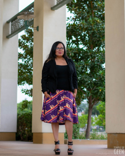 A model wears a Doctor Who themed skirt from Heroicouture. 