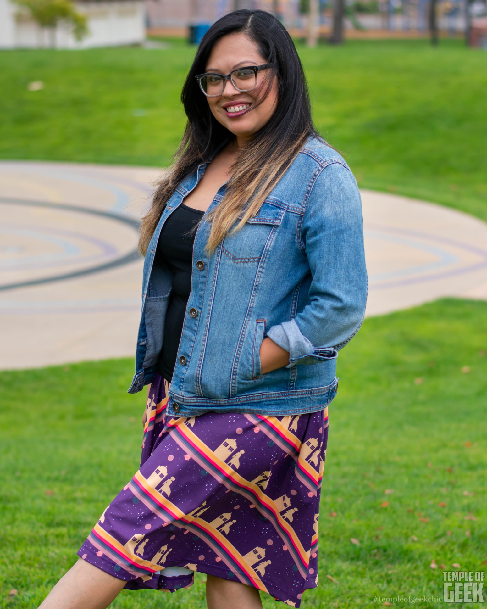 A model wears the Doctor Who themed A-Line Skirt from Heroicouture.