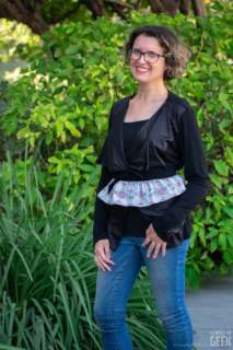 A model wears a peplum belt by Heroicouture with a print inspired by Ruth Bader Ginsburg. 