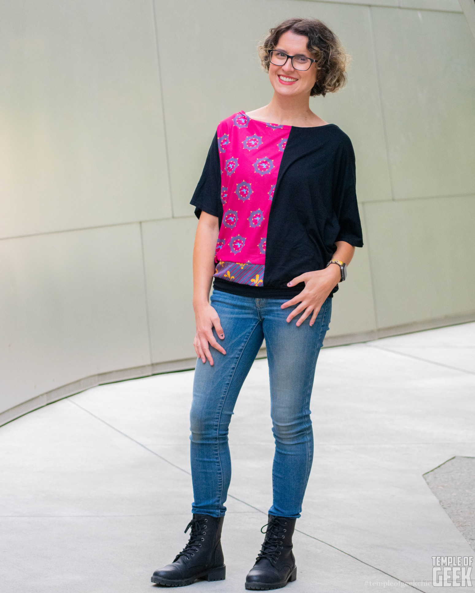 A model wears a Wonder Woman-themed dolman top at the Walt Disney Concert Hall.