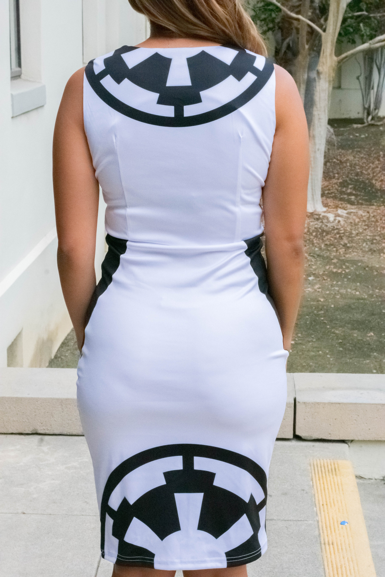 A view of the back of a dress designed after Star Wars Stormtroopers.