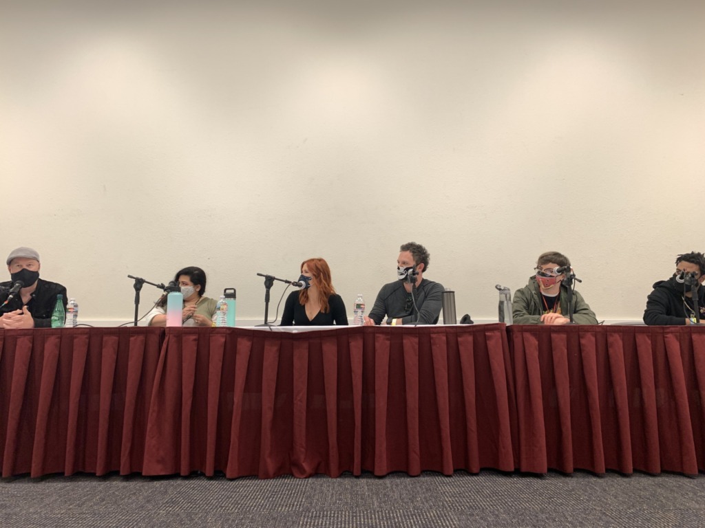 Anime Pasadena 2021 L-R: Christopher Sabat, Leah Clark, Elizabeth Maxwell, Jason Leibrecht, Kellen Goff, Zeno Robinson