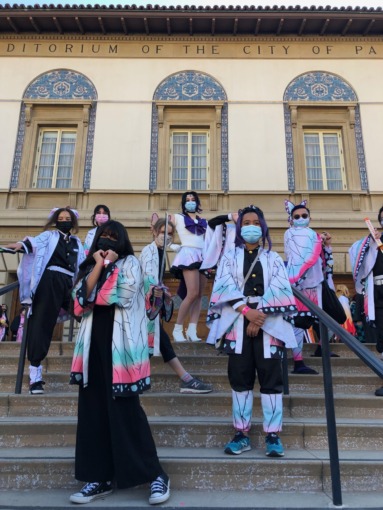 Shinobu cosplayers gather on the steps in front of the Pasadena Convention Center