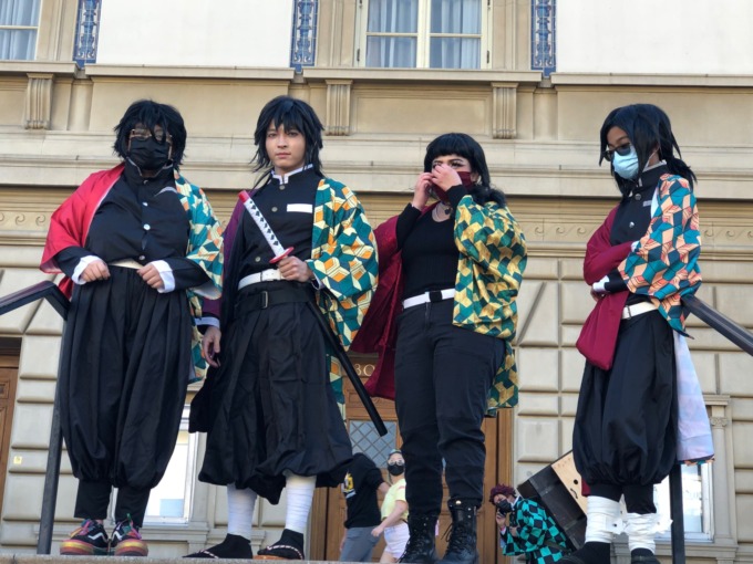 Giyu cosplayers gather on the steps of the Pasadena Convention center