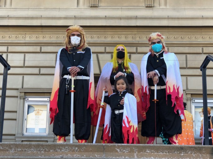 Rengoku cosplayers gather on the steps of the Pasadena Convention Center