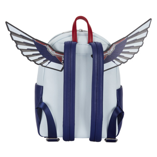 The front of the backpack displays the winged, white star of Captain America’s uniform, and the wings move. Straps are adjustable, and there are pockets on either side. The backpack is made of textured vegan leather (polyurethane) and includes embroidered, applique, and debossed details. This backpack is an officially licensed Marvel product. Backpack dimensions: 9W" x 12"H x 4"D (Please note: width is measured across the bottom of the backpack.)