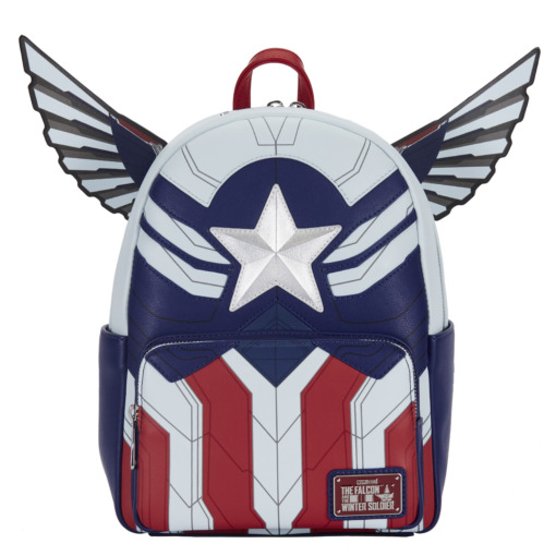 The front of the backpack displays the winged, white star of Captain America’s uniform, and the wings move. Straps are adjustable, and there are pockets on either side. The backpack is made of textured vegan leather (polyurethane) and includes embroidered, applique, and debossed details. This backpack is an officially licensed Marvel product. Backpack dimensions: 9W" x 12"H x 4"D (Please note: width is measured across the bottom of the backpack.)