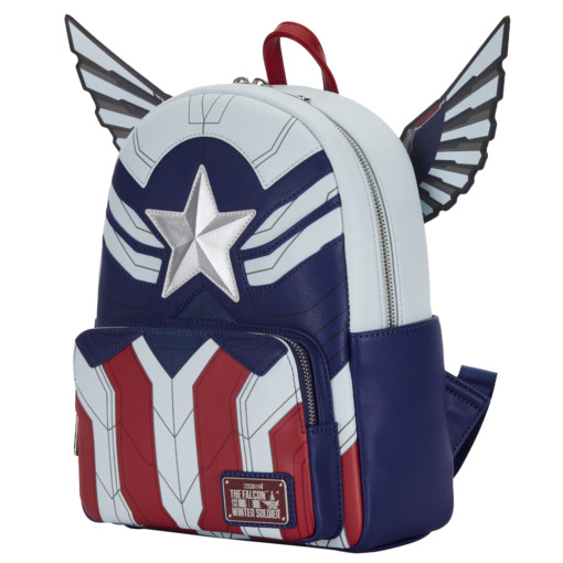 The front of the backpack displays the winged, white star of Captain America’s uniform, and the wings move. Straps are adjustable, and there are pockets on either side. The backpack is made of textured vegan leather (polyurethane) and includes embroidered, applique, and debossed details. This backpack is an officially licensed Marvel product. Backpack dimensions: 9W" x 12"H x 4"D (Please note: width is measured across the bottom of the backpack.)