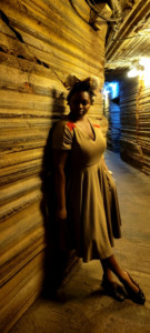 Arkeida Wilson wears a vintage design dress inspired by Finn from Star Wars at Galaxy's Edge. 