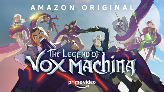 Advertisement says "Amazon Original "The Legend of Vox Machina", Prime Video. Photo is a look at the members of Vox Machina mid battle. Looking down on something that is off screen. 