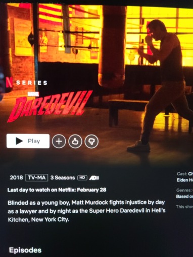 Netflix Daredevil Main Info Page with Matt Murdock punching a punching bag inside of a boxing gym