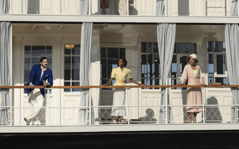 Andrew (Fazal), Rosalie (Wright), and Salome (Okonedo) stand side-by-side on the boat