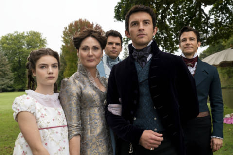 Second Season Bridgerton. (L to R) Florence Emilia Hunt as Hyacinth Bridgerton, Ruth Gemmell as Lady Violet Bridgerton, Luke Newton as Colin Bridgerton, Jonathan Bailey as Anthony Bridgerton, Luke Thompson as Benedict Bridgerton