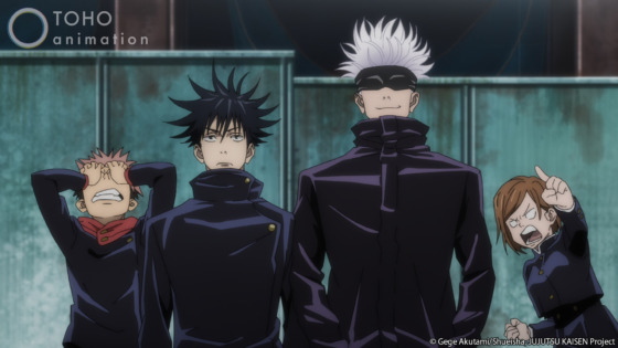 L-R: Yuji Itadori, Megumi Fushiguro, Saturo Gojo, and Nobara Kugasaki from JUJUTSU KAISEN. Courtesy of Crunchyroll.