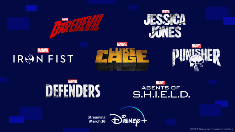 Show Title Logos of Daredevil, Luke Cage, Jessica, Jones, Iron Fist, The Punisher, Agents of SHIELD, and The Defenders