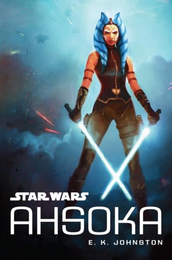 the cover of "Star Wars: Ahsoka". On the cover, Ahsoka- a female Togruta with blue and white striped head tails, orange skin, and white facial markings- stands with a white lightsaber in each hand