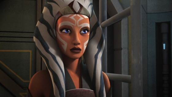 Ahsoka Tano as a well-established member of the Rebellion. She is a female Togruta with white and blue stripped Montrails and orange skin with white facial markings. Here she wears a crown-like headband where her forehead and Montrails meet as well as some armor in readiness for combat