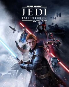 Art for Jedi: Fallen Order featuring Cal Kestis (a human male with red hair, holding a blue lightsaber), the Second Sister (a human female wearing a black helmet with a red visor as well as black clothing and armor- she holds a double-bladed red lightsaber), Cere Junda (a human female with short, curly dark hair wearing a green vest and tan shirt, holding a Jedi Holocron), Greez Dritus (a male Latero with green skin, grey whiskers, and four arms- he is wearing a red jumpsuit and holding a blaster), BD-1 (a small droid with a large rectangular head and small body with two legs- he often rides on Cal’s back), as well as various ships and Purge Troopers (humanoids in similar armor to Storm Troopers but in all black and with red visors)