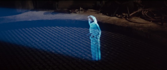 a minuature, blue-tinted hologram of Princess Leia asking Obi-Wan Kenobi for help