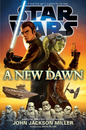 the cover for "Star Wars: A New Dawn" featuring Kanan Jarrus, a human male with dark hair in a short pony tail with a blue lightsaber in his hands, and Hera Syndulla, a female Twi'lek with green skin and two head-tails holding a blaster in her hands