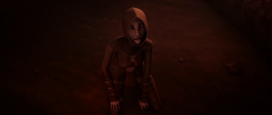 Ventress, a Dathomirian Nightsister with pale skin and blue eyes, is left on her own