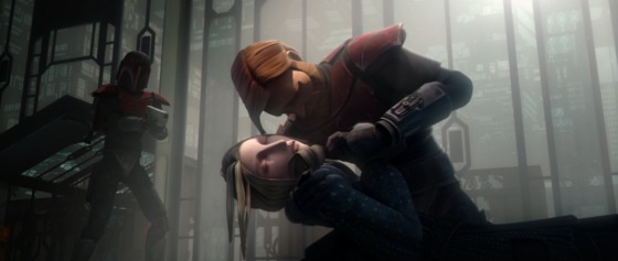 Obi-Wan holds Satine after she is murdered by Maul with the Dark Saber