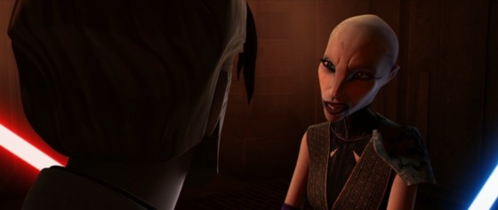 Ventress smiles at Obi-Wan's attempt at a joke while they are escaping Maul and Savage