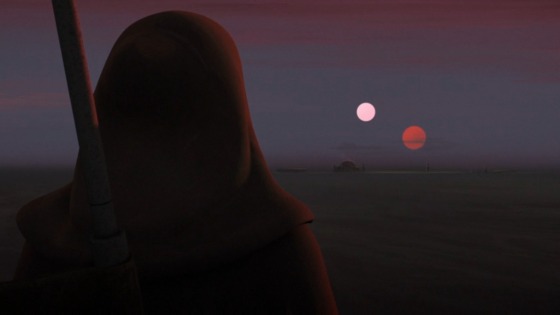 As the suns set on the desert planet Tatooine, Obi-Wan watches over Luke from a distance